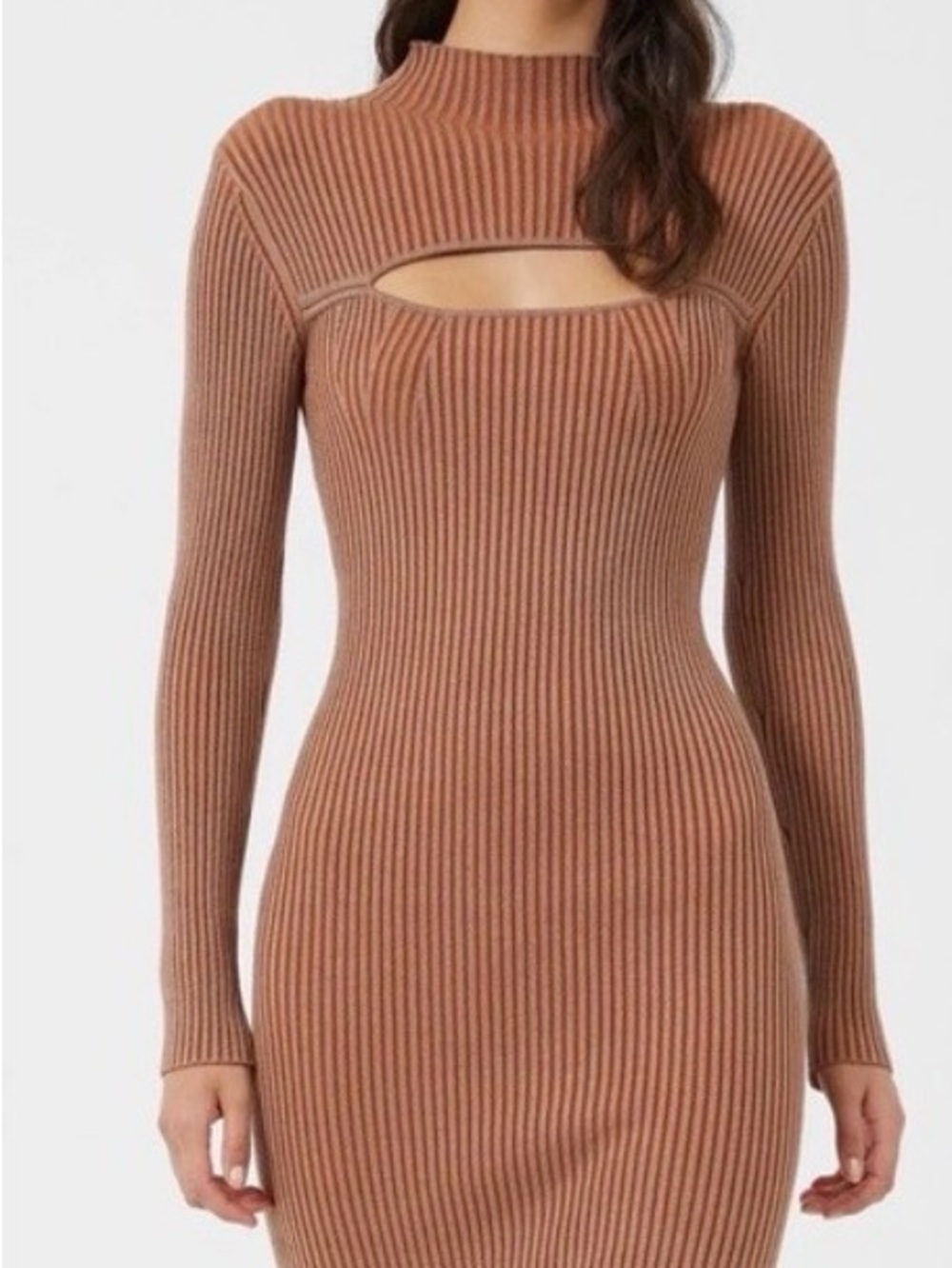 French Connection Ribbed Long-Sleeve Cutout Midi Dress in Rust Brown